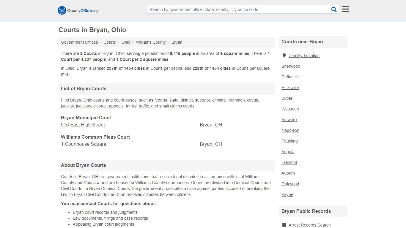 Courts - Bryan, OH (Court Records & Calendars) - County Office